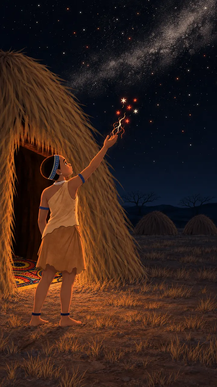 A girl reaches toward stars in the night sky